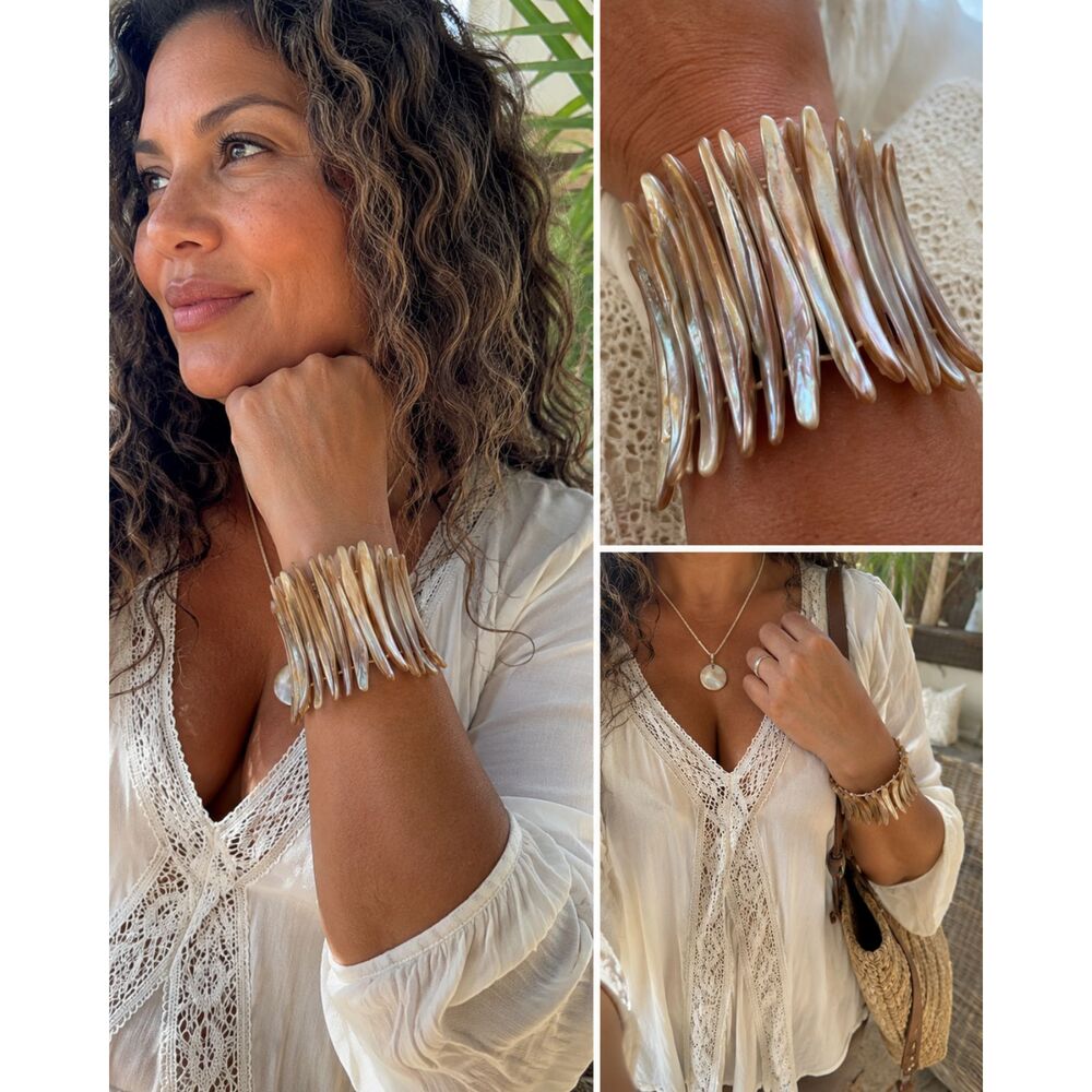 Wide Mother of Pearl Shell Stretch Cuff Bracelet Natural Iridescent Boho Resort